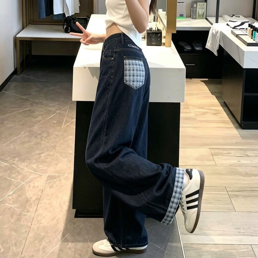 高街復古撞色格子拼接寬松大碼卷邊牛仔褲