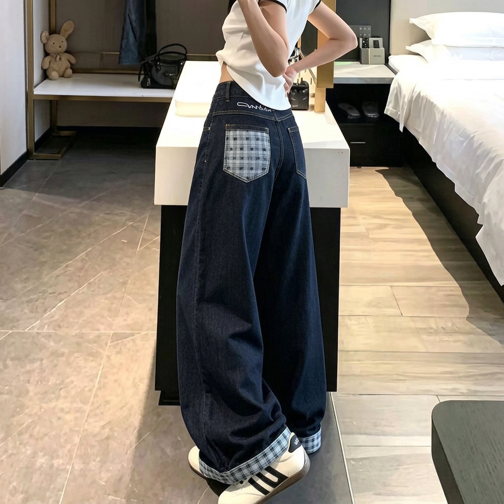 高街復古撞色格子拼接寬松大碼卷邊牛仔褲