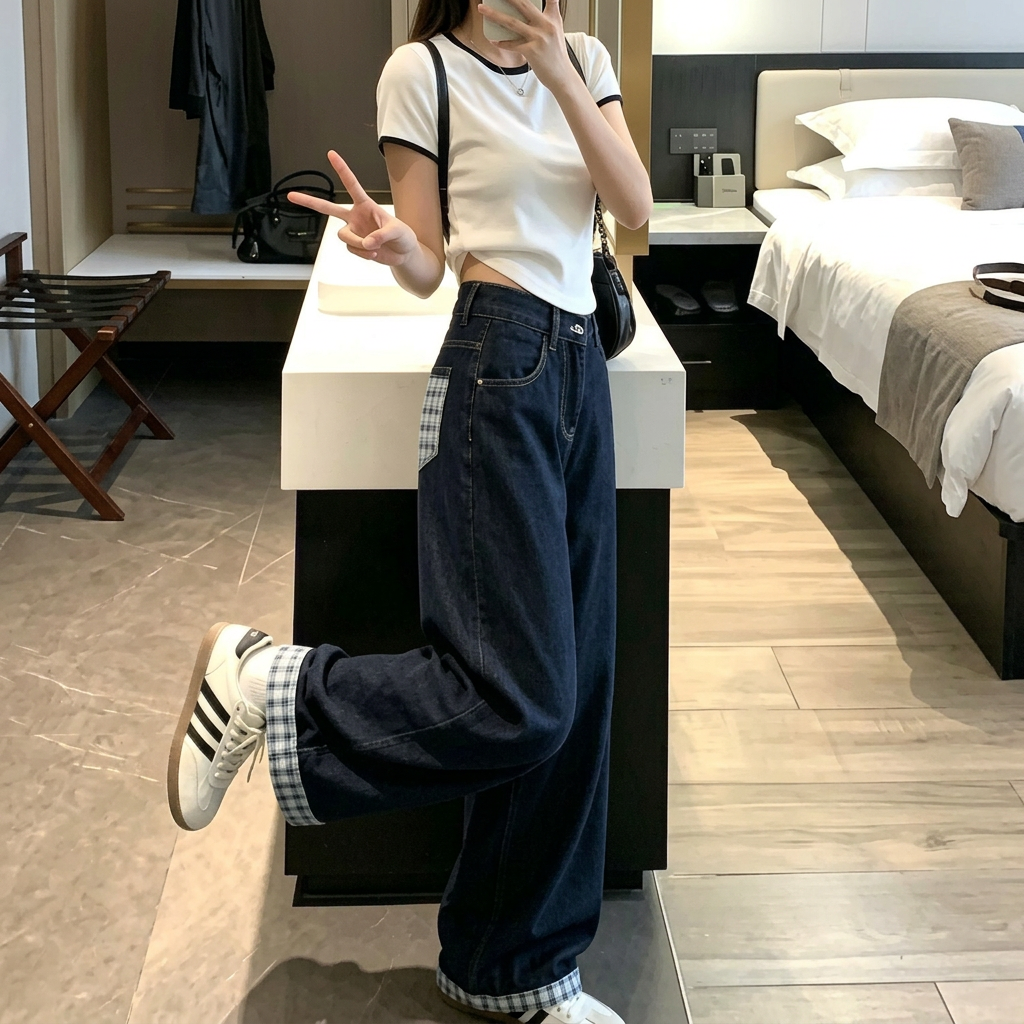 高街復古撞色格子拼接寬松大碼卷邊牛仔褲