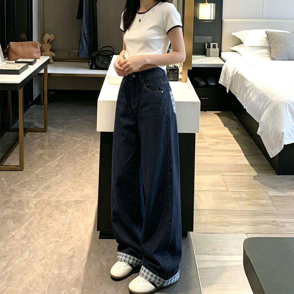高街復古撞色格子拼接寬松大碼卷邊牛仔褲