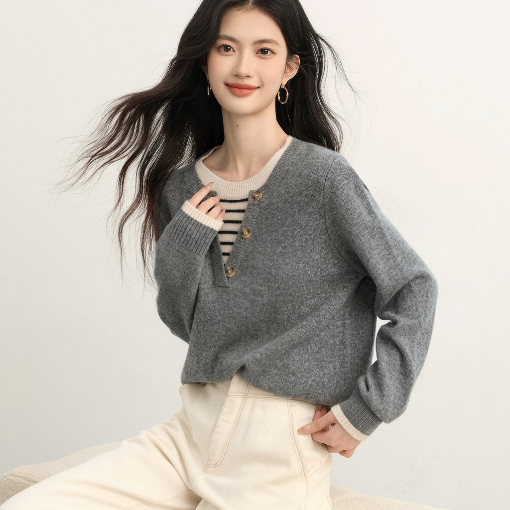慵懶松弛感假兩件條紋套頭拼接針織毛衣