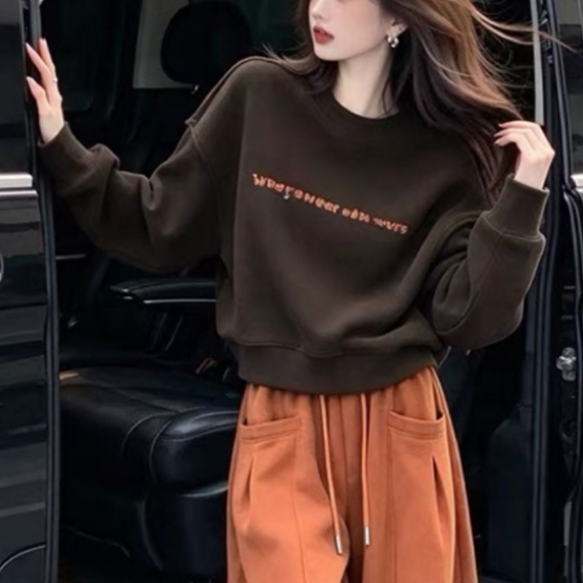 【單件/套裝】美式街頭美拉德長袖印花衛衣寬腿長褲兩件套