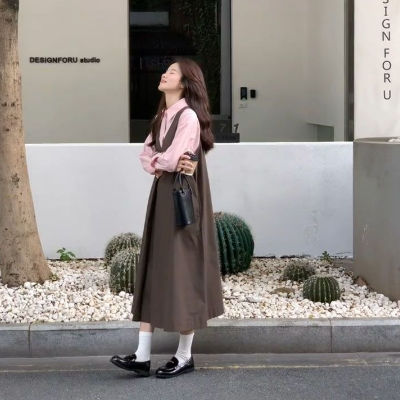 【單件/套裝】減齡粉色長袖襯衫+寬鬆背帶長裙兩件套