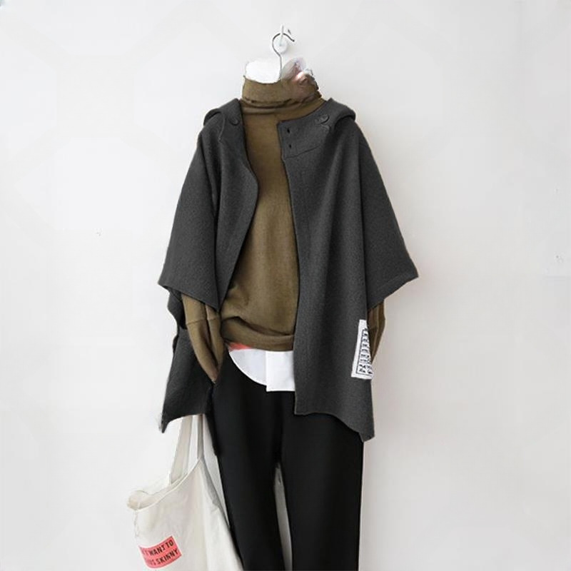 日系連帽落肩蝙蝠袖不規則開衫