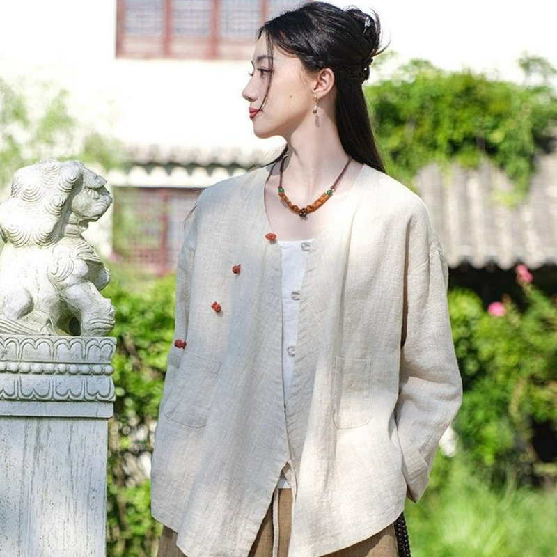 復古盤扣文藝禪意茶服系帶短款棉麻開衫