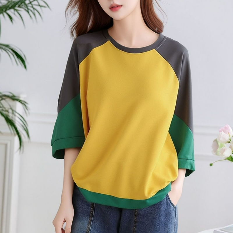 純棉寬鬆復古圓領文藝休閒五分袖大碼中袖t恤