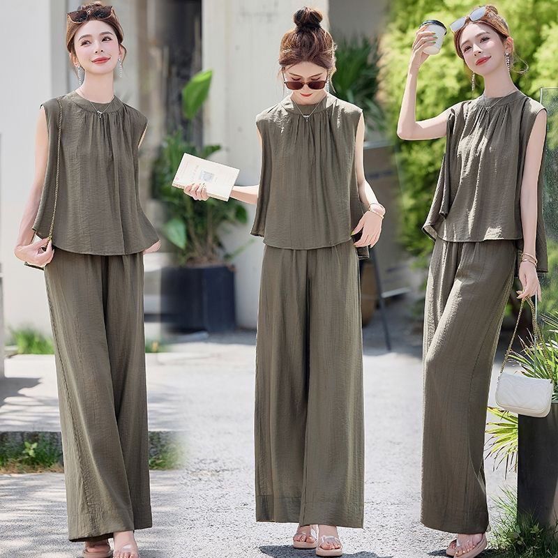 【整套】高級感洋氣氣質休閑無袖上衣+百搭闊腿褲兩件套