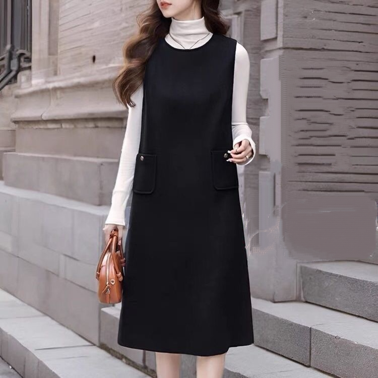 中長版背心裙直筒收腰寬鬆無袖有口袋洋裝