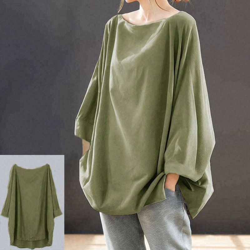 日韩休闲圓領長袖蝙蝠袖寬鬆上衣