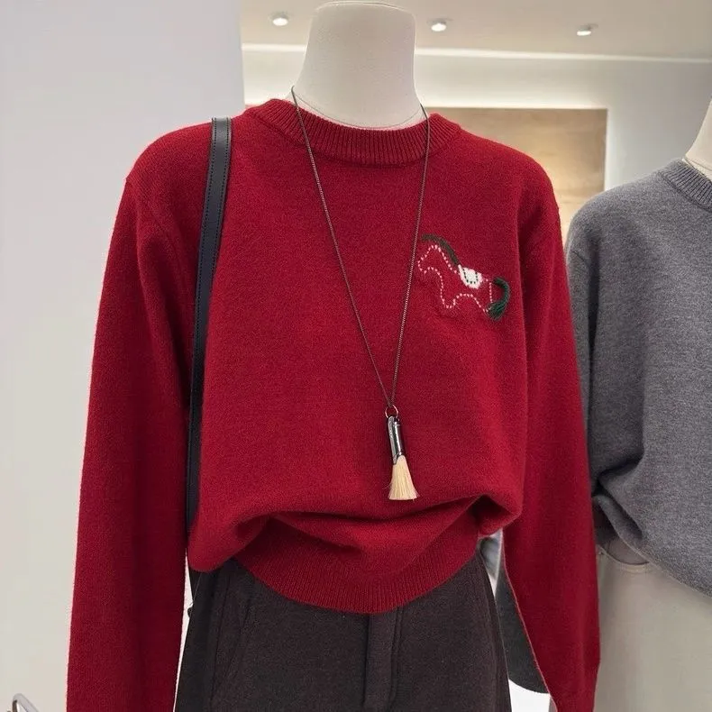 韓系減齡顯瘦毛衣打底圓領小馬針織衫