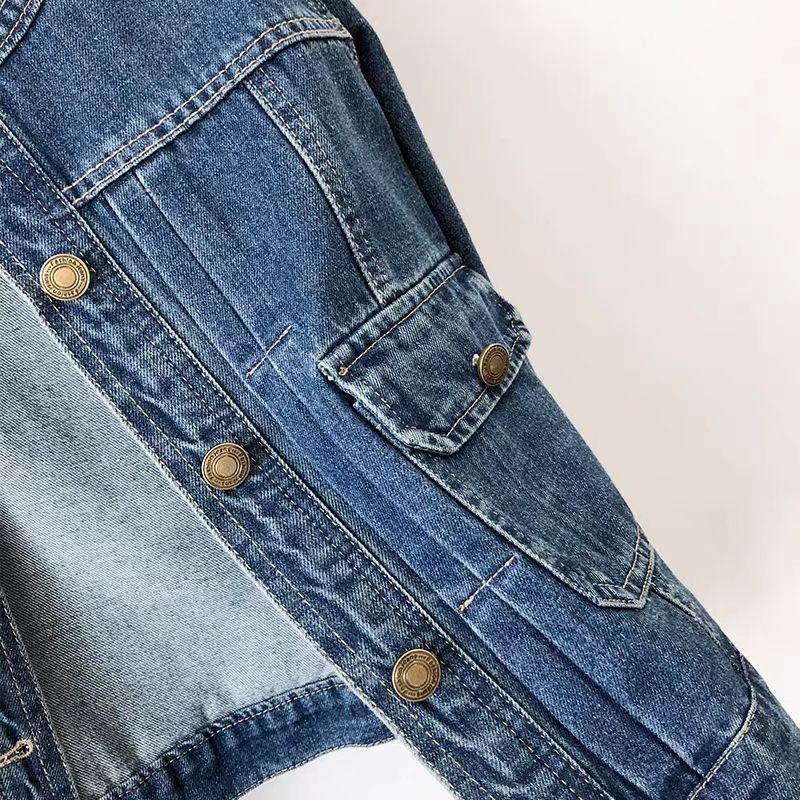 圓領壓褶藍色牛仔外套女短款春秋季長袖正肩修身顯瘦休閒夾克