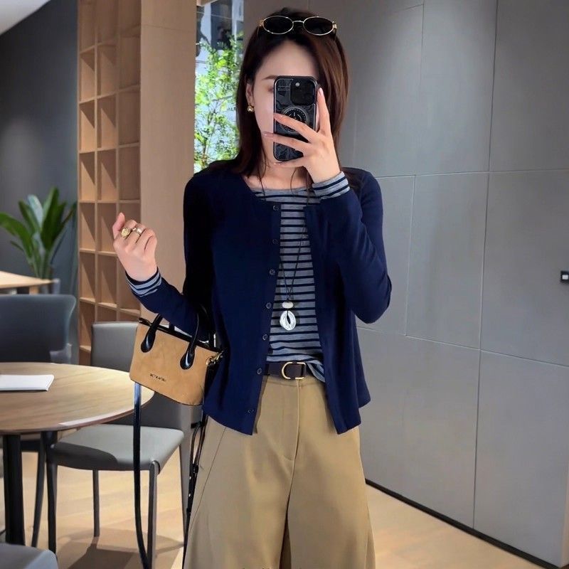 【單件/套裝】減齡洋氣時尚撞色假兩件長袖T恤+顯瘦休閒闊腿褲兩件套