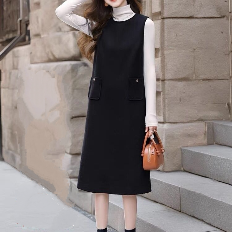 中長版背心裙直筒收腰寬鬆無袖有口袋洋裝