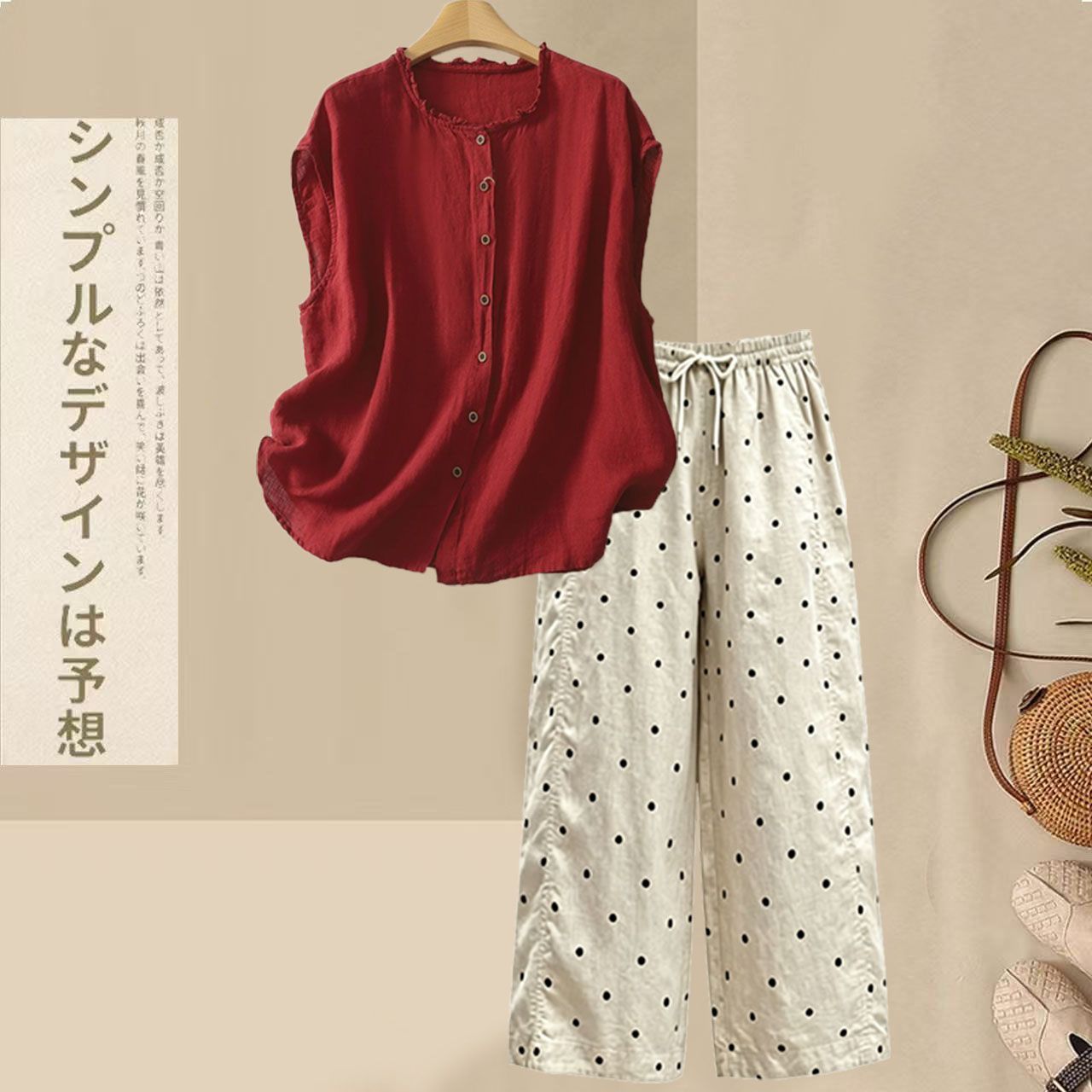 【整套】慵懶風棉麻木耳襯衫+寬松休閑波點褲兩件套