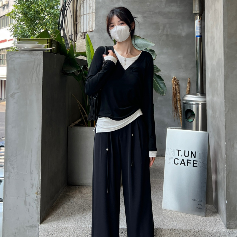 純棉假兩件純慾風內搭打底衫修身設計感小眾長袖t恤