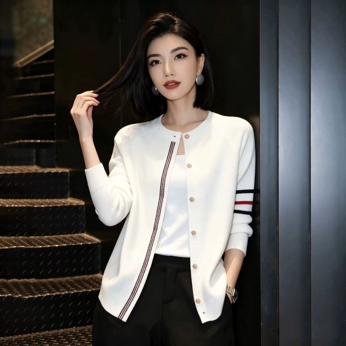 @韓版簡約撞色條紋圓領顯瘦針織開衫