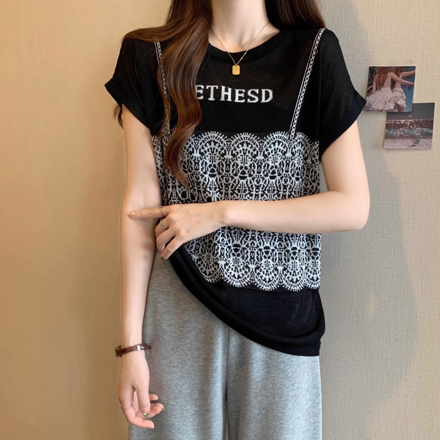 法式假兩件冰絲針織蕾絲拼接短袖t恤