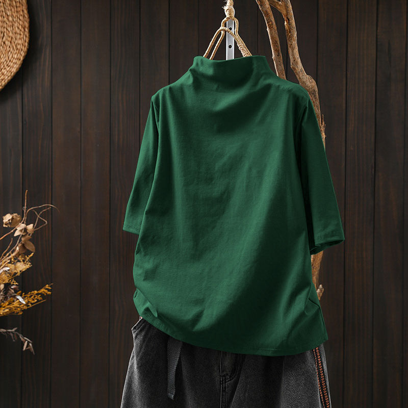 純棉半高領寬鬆顯瘦百搭素色五分袖T恤