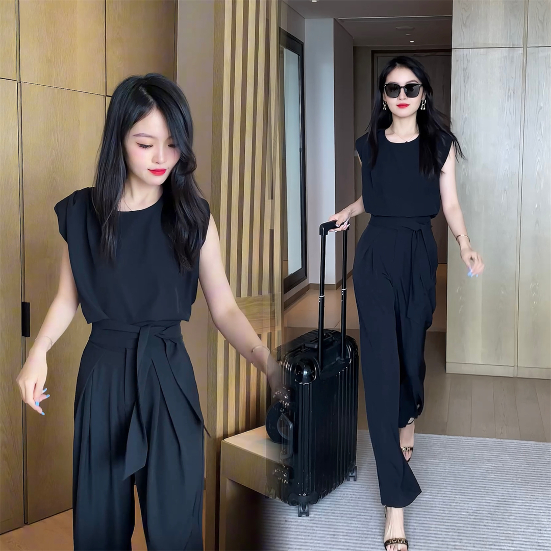 【整套】時尚高端洋氣質減齡無袖上衣+垂感顯瘦休閑闊腿褲兩件套