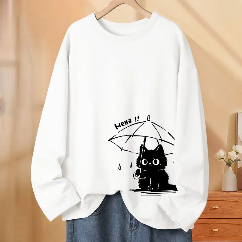 早秋chic純棉薄款撐傘貓印花可愛圓領長袖T恤