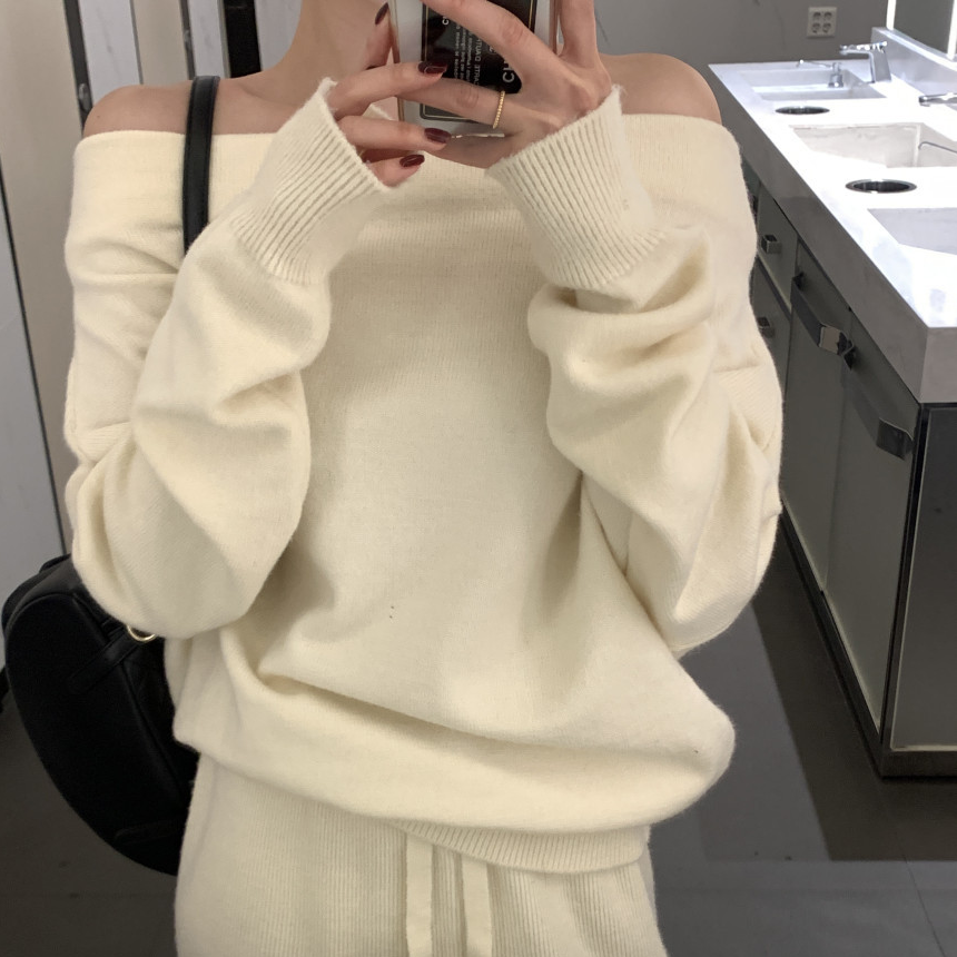 【整套】法式高級感一字領露肩長袖毛衣+高腰針織直筒長褲兩件套