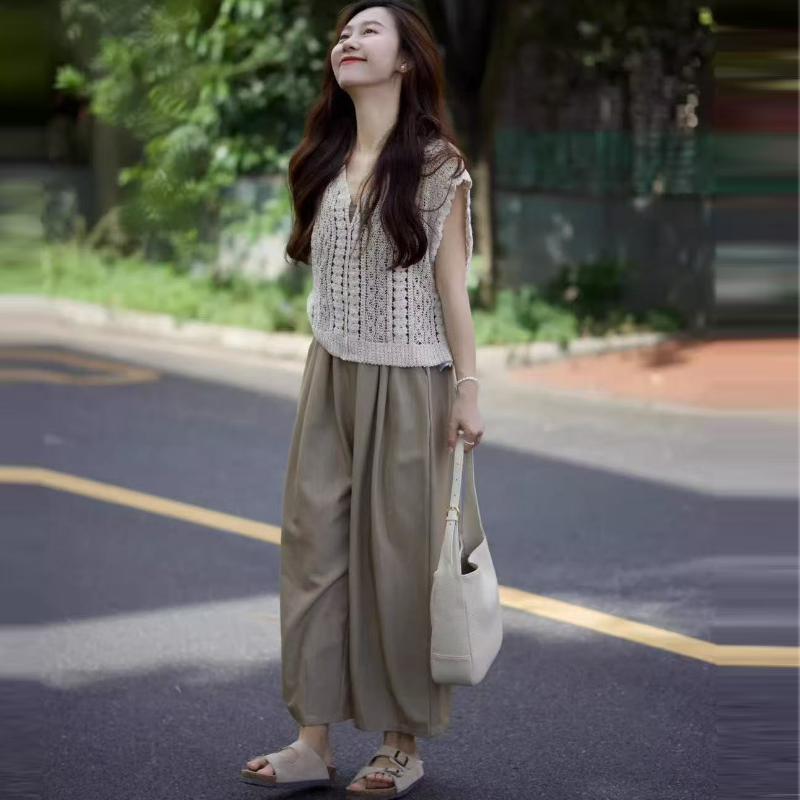 夏季休閒套裝女新款茶系小個子微胖時尚港風高級韓劇鹽系三件套裝