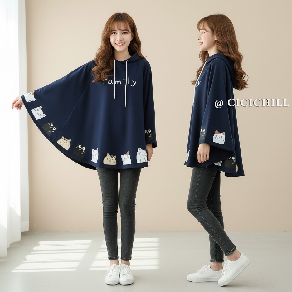 貓咪印花寬鬆顯瘦斗篷款蝙蝠袖連帽T