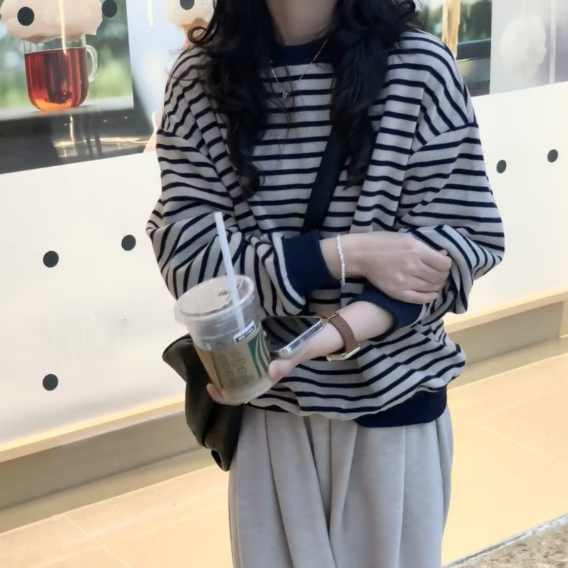 美式復古撞色條紋休閒設計感寬鬆長袖T恤