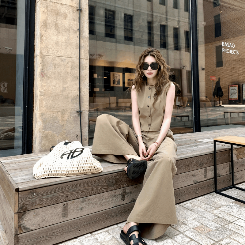 【單件/套裝】極簡設計兩穿無袖背心+寬鬆休閑闊腿褲套裝