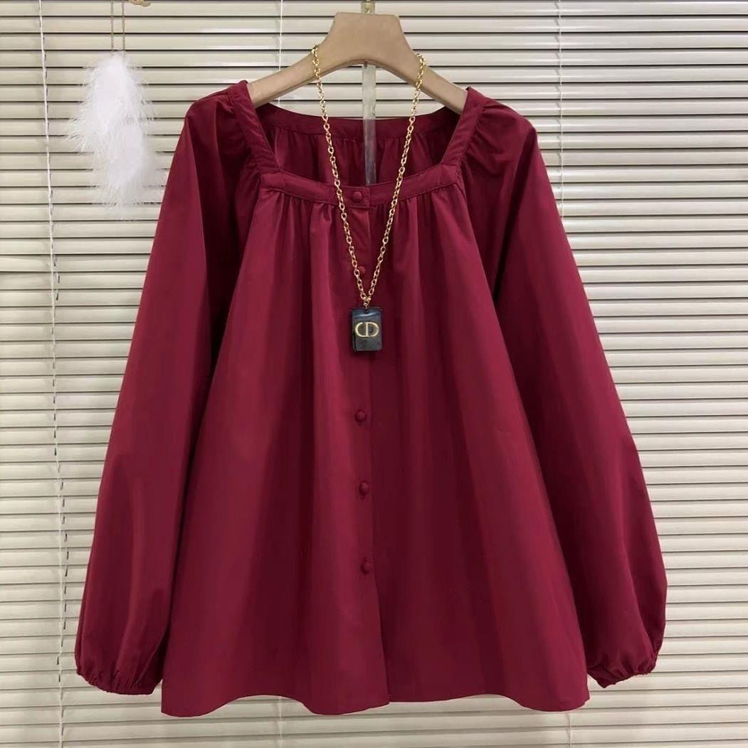 多巴胺長袖法式寬鬆方領褶皺百搭襯衫