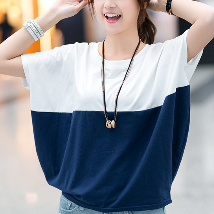 韓版撞色寬鬆休閒拼接蝙蝠衫圓領短袖