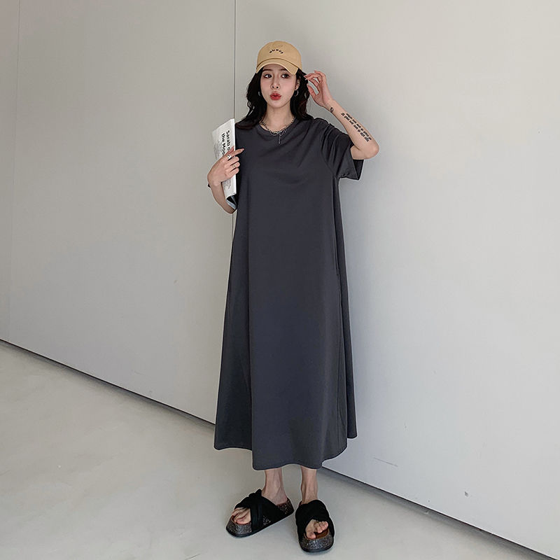 寬鬆遮肚減齡連衣裙大碼顯瘦休閒過膝T恤裙
