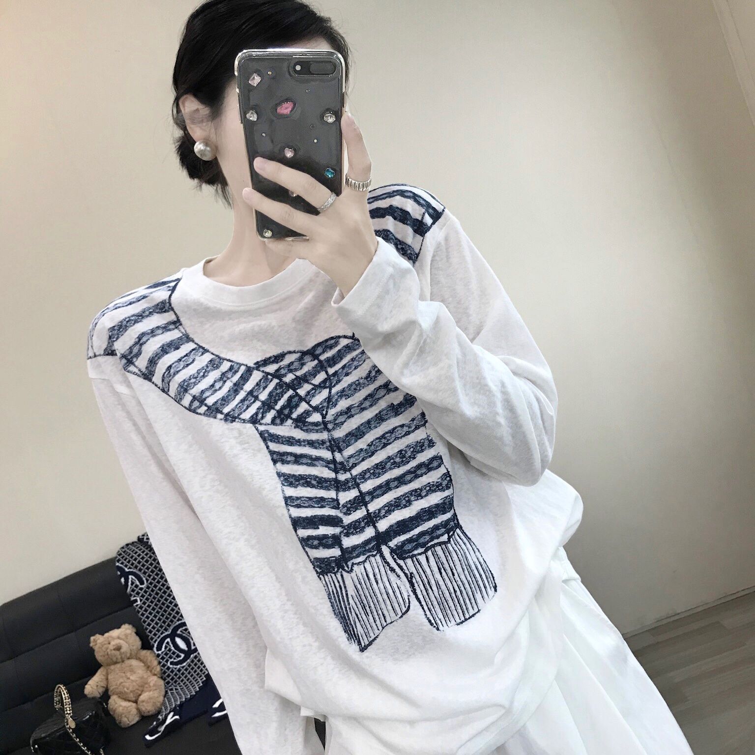 薄款寬鬆休閒百搭圍巾印花圓領長袖T恤