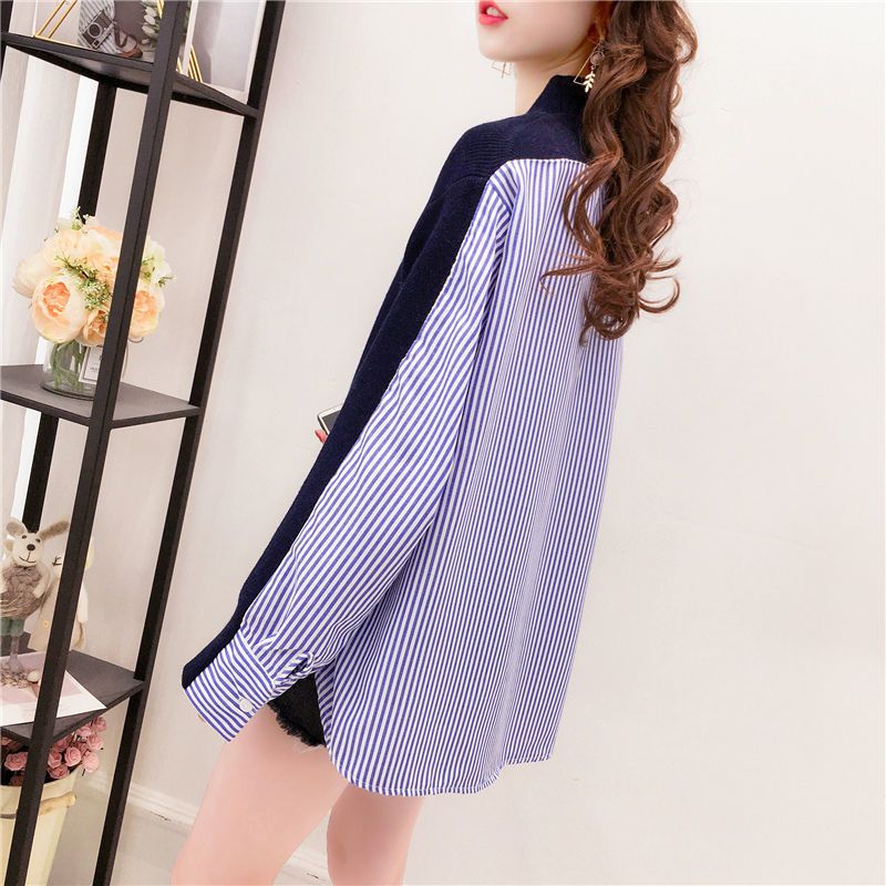 時尚休閒設計感小眾針織拼接條紋開衫