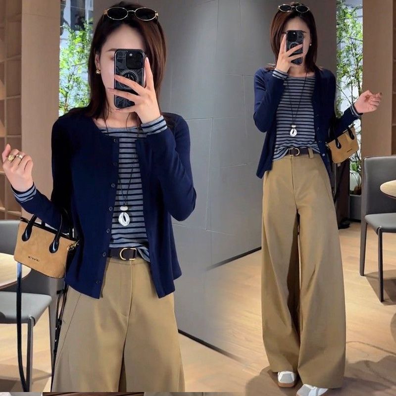 【單件/套裝】減齡洋氣時尚撞色假兩件長袖T恤+顯瘦休閒闊腿褲兩件套