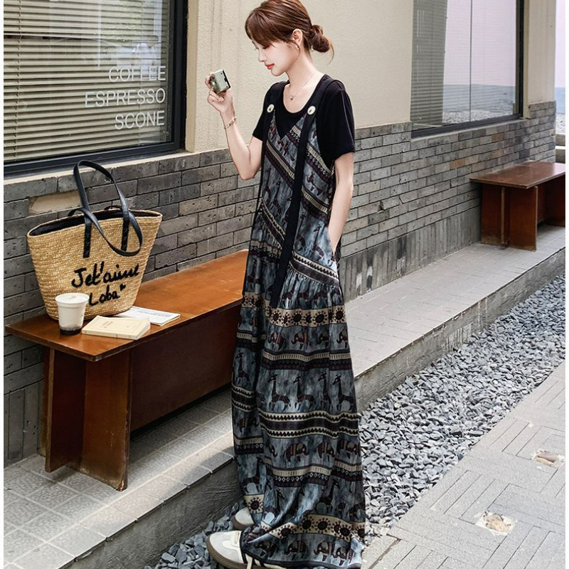 【單件/套裝】小眾波西米亞民族風背帶連體闊腿褲+短袖兩件套裝