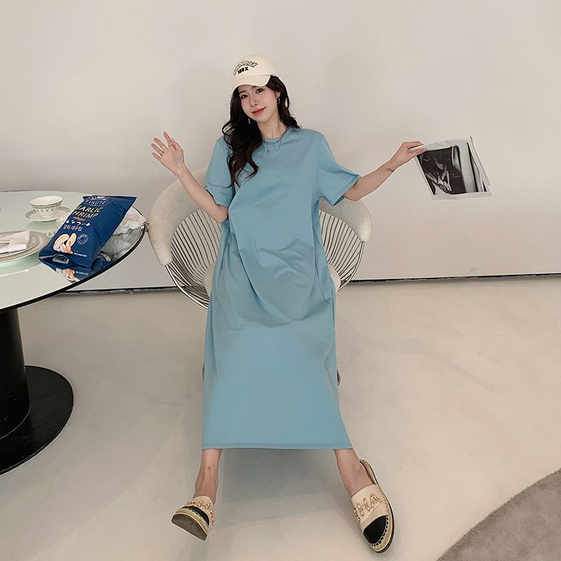 寬鬆遮肚減齡連衣裙大碼顯瘦休閒過膝T恤裙