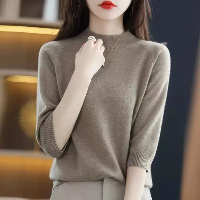 半高領套頭打底衫寬鬆七分袖內搭針織毛衣