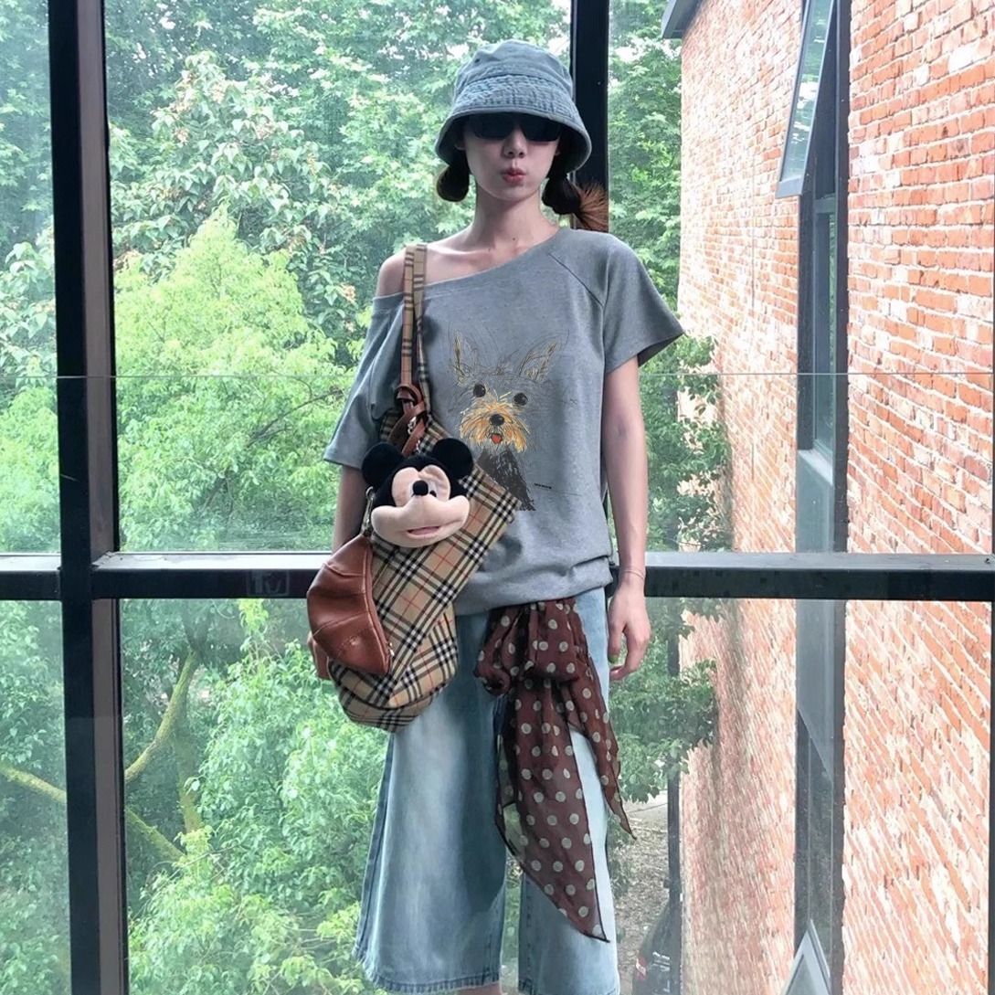 休閒chic感潮流鬆弛通勤氣質斜肩t恤