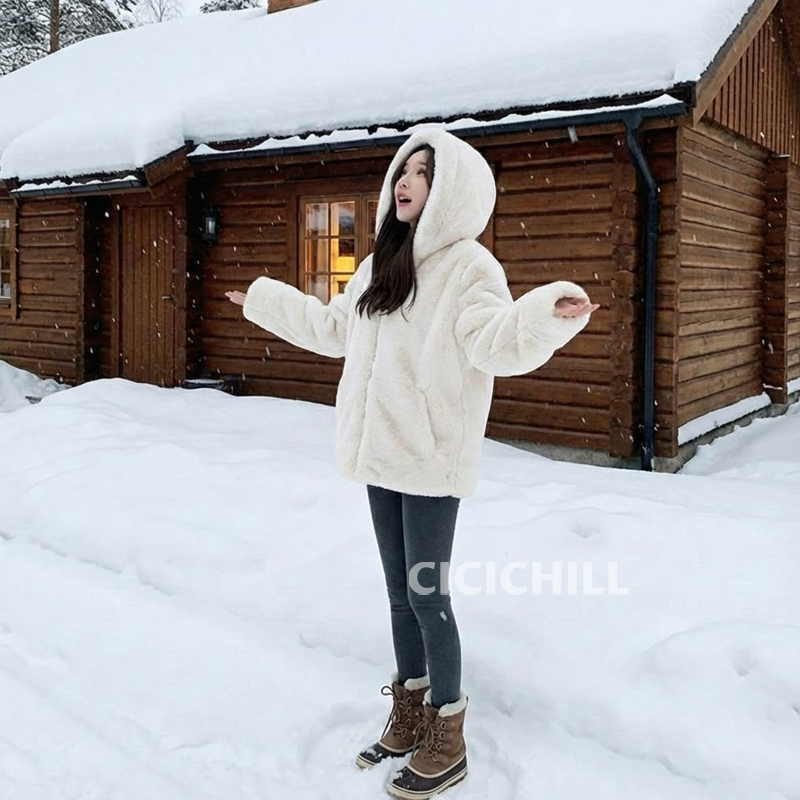 寬鬆慵懶連帽刷毛仿皮草羊羔毛絨外套