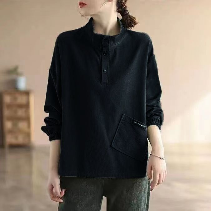 燈芯絨立領大碼寬鬆顯瘦紐扣設計感長袖T恤