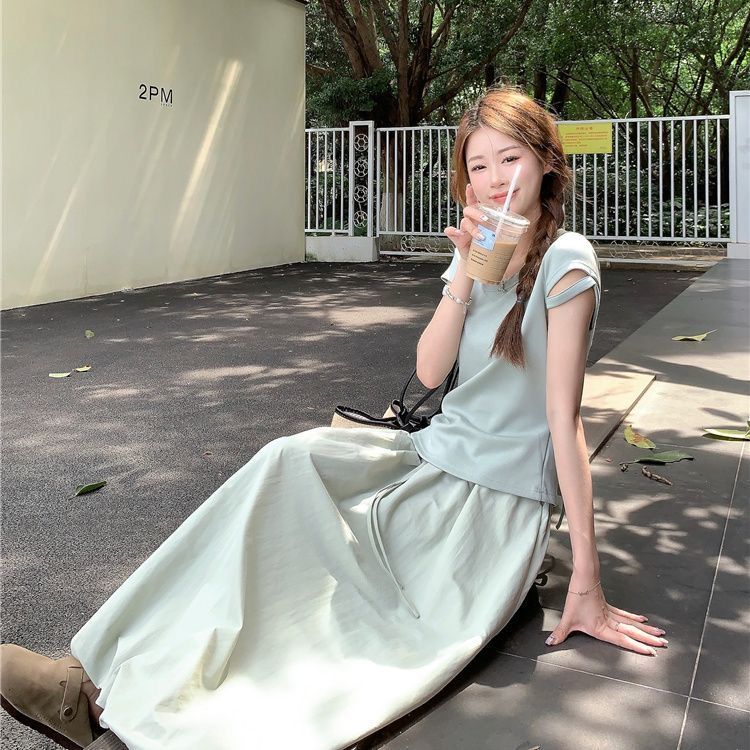 【單件/套裝】氣質綠色顯瘦a字花苞半身裙+設計感短袖兩件套