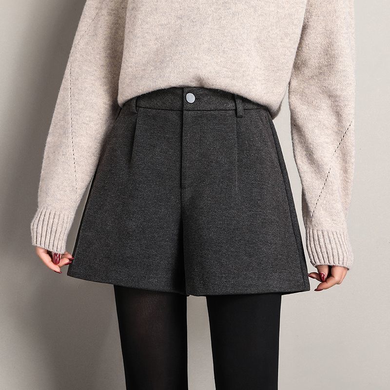 外穿顯瘦毛呢加厚寬鬆a字靴褲高腰闊腿短褲