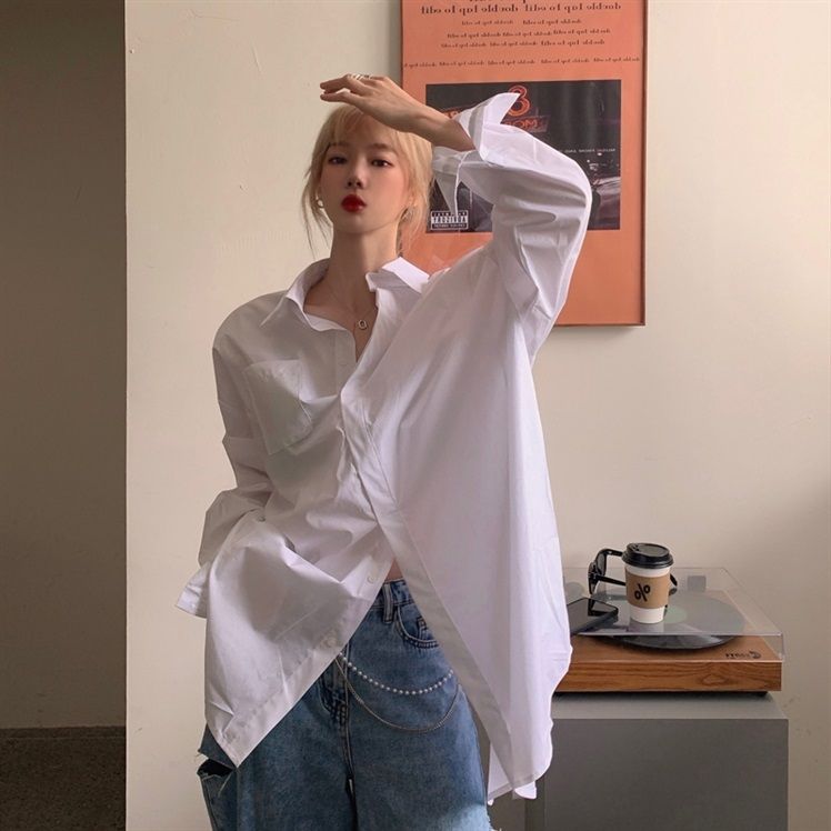 設計感前後兩穿寬鬆慵懶風中長版百搭襯衫
