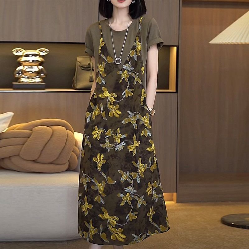 小香風有口袋吊帶假兩件大碼顯瘦過膝洋裝