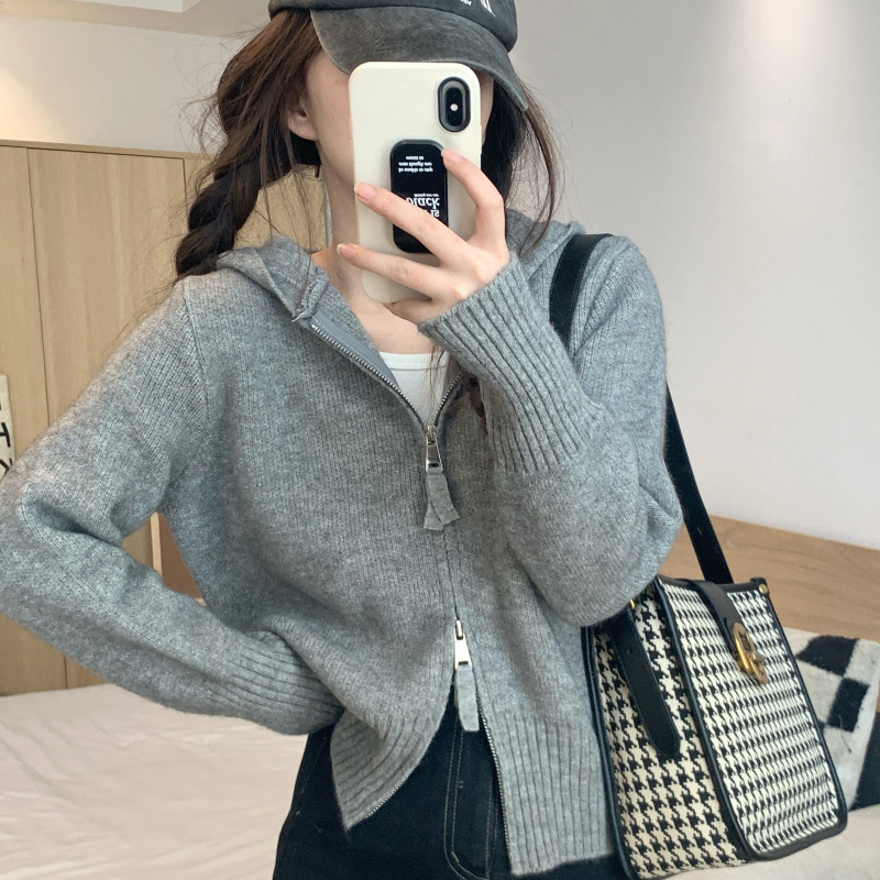 純慾風拉鍊正肩短款毛衣外套連帽針織開衫