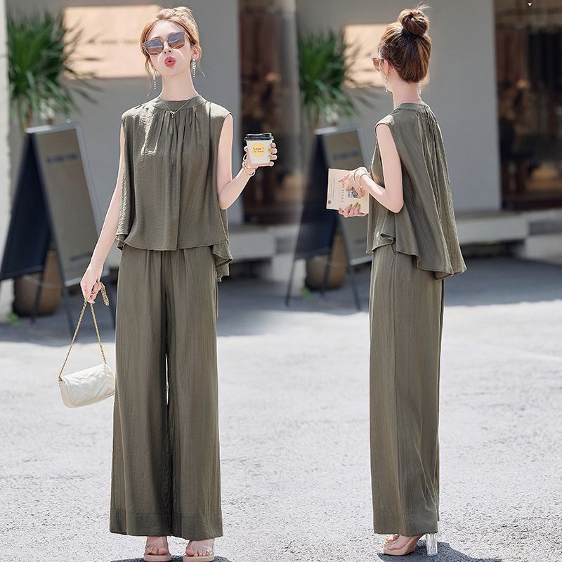 【整套】高級感洋氣氣質休閑無袖上衣+百搭闊腿褲兩件套