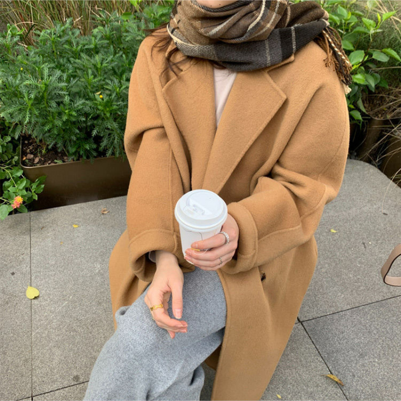 韓系中長版寬鬆高級感雙排扣大衣仿毛呢外套