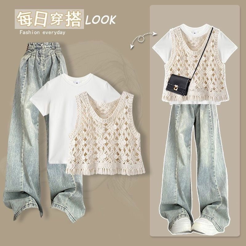 夏裝搭配一整套女時尚鏤空馬甲短袖T恤牛仔闊腿褲三件套