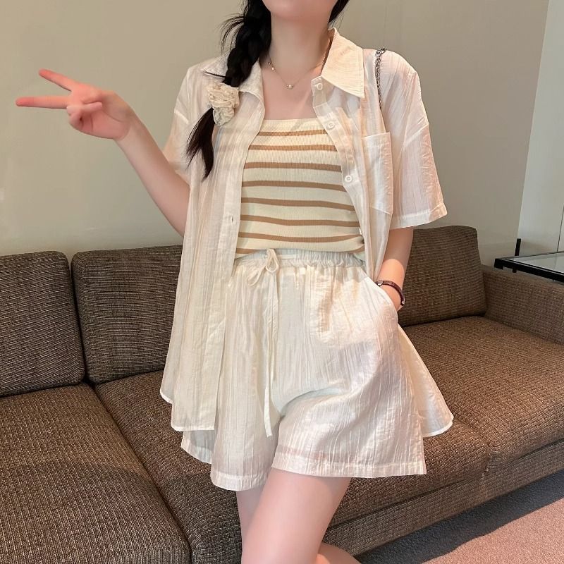 【整套】寬鬆休閒百搭防曬襯衫褲子兩件套裝